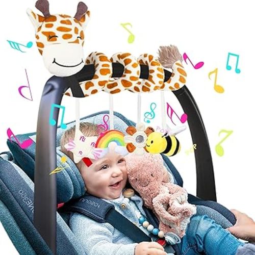 Stuffed Giraffe Spiral Car Seat Toys, 0-6 Months Stroller Activity Baby Infant Carseat Toys Hanging Including Bee Rattles| Flower Mirror| Rainbow Cloud| Star Bibi, Babies Lover Gifts