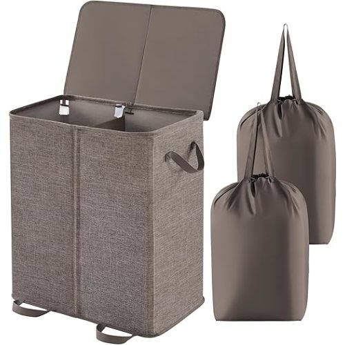 Lifewit Double Laundry Hamper with Lid and Removable Laundry Bags, Large Collapsible 2 Dividers Dirty Clothes Basket with Handles for Bedroom, Laundry Room, Closet, Bathroom, College, Brown