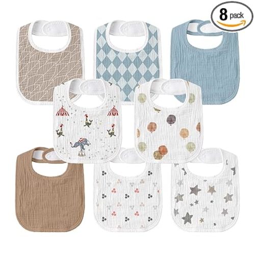Baby Muslin Bibs 8 Pack, Drooling and Teething Bibs for Baby Boy, Absorbent, Soft Organic Cotton, Adjustable Bandana Bib for Newborn, Toddler, Infant 0-36 Months, Blue
