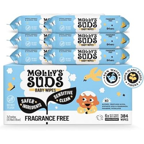 Molly's Suds Sensitive Clean Baby Wipes | 99% Water, Plant-Based, Fragrance Free | 384 Total Wipes (6 Flip-Top Packs)