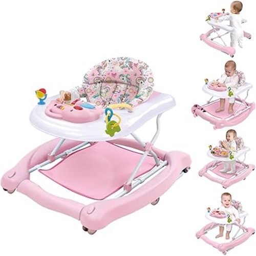 5 in 1 Foldable Baby Walker, Activity Baby Walker-Baby Bouncer, Rocker, Activity Center,Seat and Push Walker,Detachable Trampoline Mat, Adjustable Speed Rear Wheels and Height,Ages 6-18 Months(Pink)