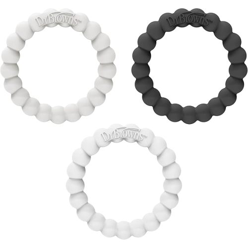 Dr. Brown’s Flexees Beaded Teether Rings, 100% Silicone, Soft & Easy to Hold, Encourages Self-Soothe, 3 Pack, Black, White, Gray, BPA Free, 3m+
