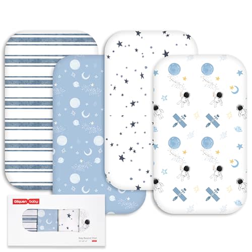 Gllquen Baby Bedside Sleeper Bassinet Sheets 33x20 Inch 4 Pack Girl Boy | Soft OEKO-TEX Certified Bassinet Crib Sheet, Compatible with Baby Delight, Newton Rectangle Bassinet Mattress, Blue Astronaut