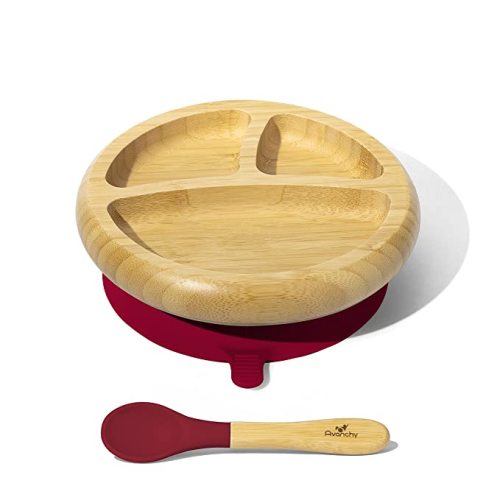 Avanchy Baby Plates Divided Bamboo with Suction for Babies Kids Toddler Food with Silicone Spoon for Feeding (Magenta)