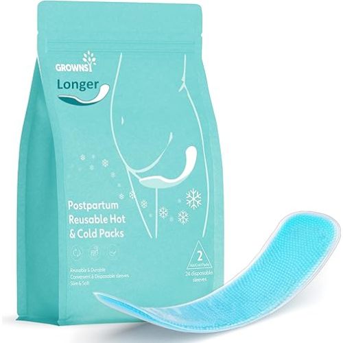 Grownsy Heating & Cooling Postpartum Essentials - 2PCS Perineal Ice Pack Pads with 24 Disposable Sleeves, Reusable Ice Maxi Pads for Postpartum Relief