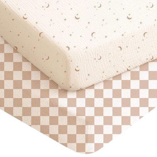 Konssy Muslin Crib Sheets for Boys, Soft Cotton Neutral Baby Sheets for Standard Crib Mattress 2 Pack, 52"x28" (Coffee Check,Moon)