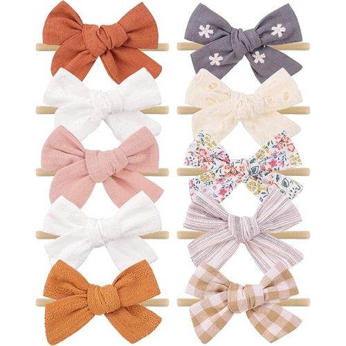 doboi 10PCS Baby Girls Headbands Hair Bows Nylon Linen Hairbands Handmade Hair Accessories for Newborn Infant Toddlers Little Girl and Kids 3.5Inches