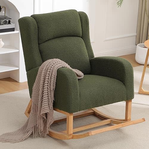 Rocking Chair Nursery, Nursing Rocking Chairs for Mom Nursery, Comfy Wingback Glider Rocking Armchair with Side Pocket for Nursery Living Room Bedroom (Teddy Green, with Footrest)