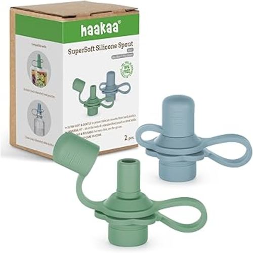 haakaa Multi-Functional Silicone Spout,Pouch Topper No Spill,Water Bottle Topper for Toddlers,100% Food Grade Silicone,2 Pack