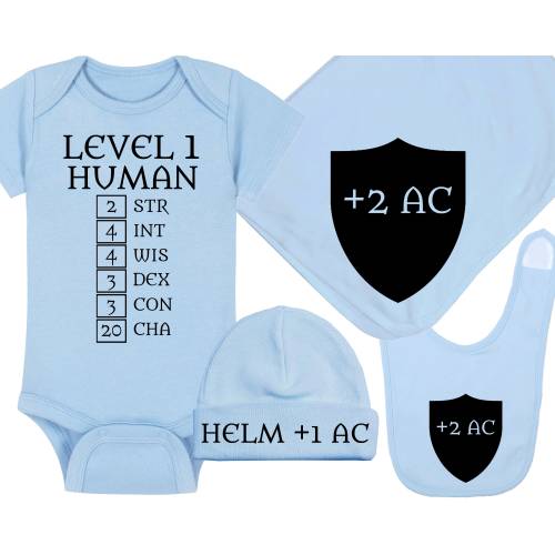 Gaming Baby Onesie® / Hat / Blanket / Bib Package Combinations - Level 1 Human With Ability Scores High Charisma / Helm +1 AC / Shield +2 AC