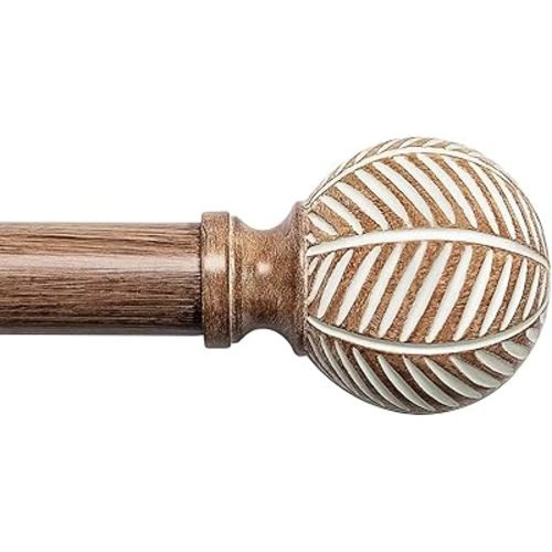 Wood Curtain Rods for Windows: 1 Inch Diameter Adjustable Drapery Rods 72" to 144", Heavy Duty Window Rod with Imitation Wood Grain Leaf Pattern Finials