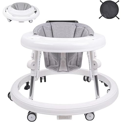 Baby Walker, Foldable 9-Gear Height Adjustable Baby Walker with Wheels, Infant Toddler Walker with Foot Pads, Anti-Fall Baby Walkers and Activity Center Bouncer Combo for Boys and Girls 6-24 Months