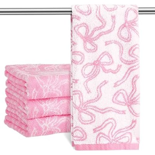 4 Pcs Bow Hand Towels for Bathroom 13 x 29'' Soft 100% Cotton Coquette Face Towel Kitchen Decor Absorbent Facecloth Preppy Bathroom Decor Bridal Shower Wedding Gift(Pink,Kawaii Style)