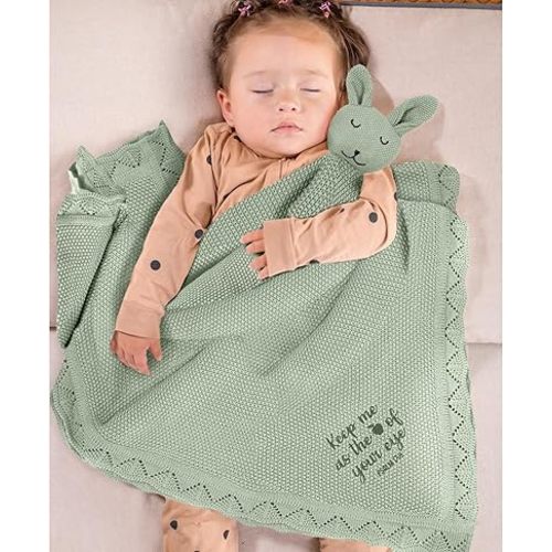 Christian Baby Blanket, Embroidered Baby Blankets with Bible Verse, Knitted with 100% Cotton, Bunny Baby Blanket, Baby Receiving Blankets, Christian Baby Gifts, Sage Green