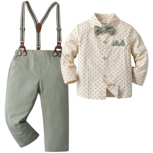 Boarnseorl Baby Boys Pants Sets,Infant Long Sleeve Shirt + Pants + Bow Tie + Suspenders,Toddler Gentleman Outfits