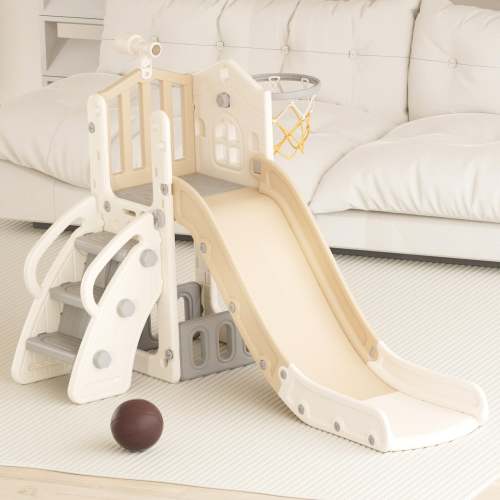 XJD 5 in 1 Toddler Slide Set Climber Slide for Age 1-3, Outdoor Indoor Playset with Basketball Hoop, Telescope, and Storage Space, Beige/Coffee