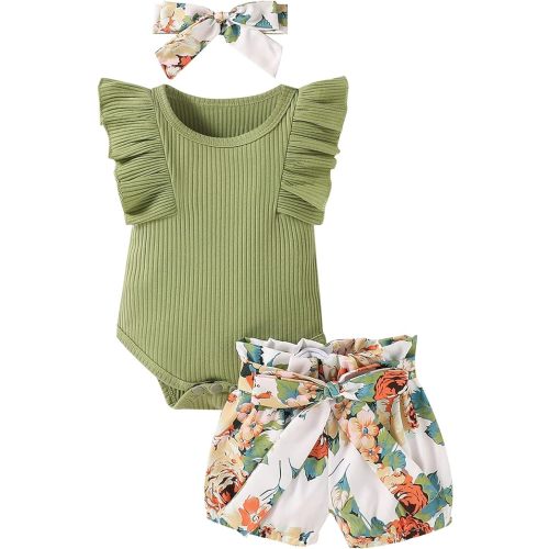 Baby Girl Clothes Infant Summer Outfits Set Ruffle Sleeve Romper Floral Pants 3PCS Bodysuit +Shorts +Headband - 6-12 Months - Green