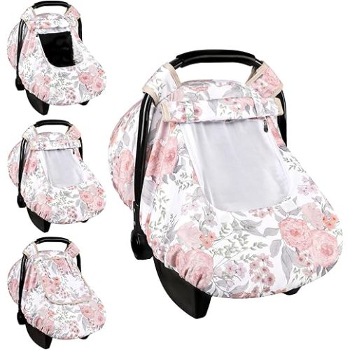 Car Seat Cover Baby, HNHUAMING Infant Car Seat Covers Canopy for Babies Girls, Warm & Windproof Pink Newborn Carseat Covers with Breathable Mesh Window, Floral