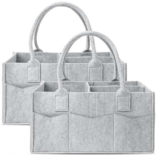 2 Pack Diaper Caddy Organizer - Portable Baby Caddy Organizer with Handle, Nursery Storage Bin and Car Organizer for Girls, Boys - Baby Gift Basket - Grey