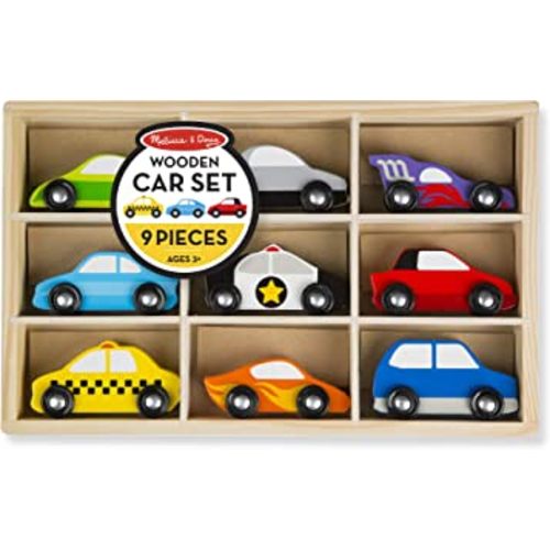 Melissa & Doug Wooden Cars Vehicle Set in Wooden Tray - Toys For Toddlers And Kids Ages 3+
