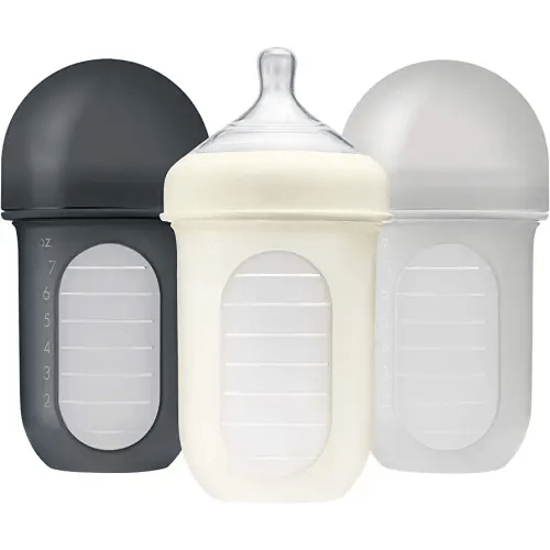 Boon Nursh Reusable Silicone Pouch Baby Bottles - Medium Flow Nipple - Silicone Baby Bottle Pouch and Nipple - Baby Feeding Essentials - Gray - 3-6 Months - 3 Count - 8 Ounce