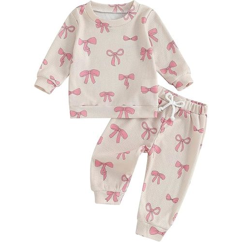 NZNDSHD Fall Baby Girl Clothes Ruffle Long Sleeve Bow Print Sweatshirt Top Pants Set 2Pcs Waffle Knit Outfit