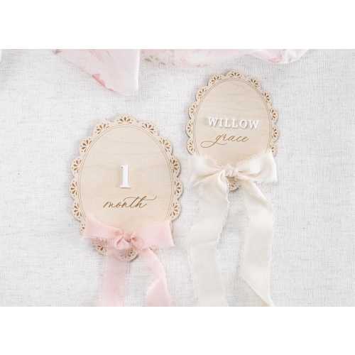 Wooden Lace Ribbon Bow Interchangeable Milestone Marker, Personalized Name Disc, Baby Monthly Milestone, Nursery Decor, Baby Shower Gift