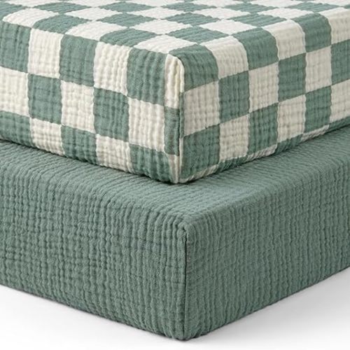 Blissful Diary Muslin Crib Sheets 2 Pack 
(Sage Checkboard & Sage Green)