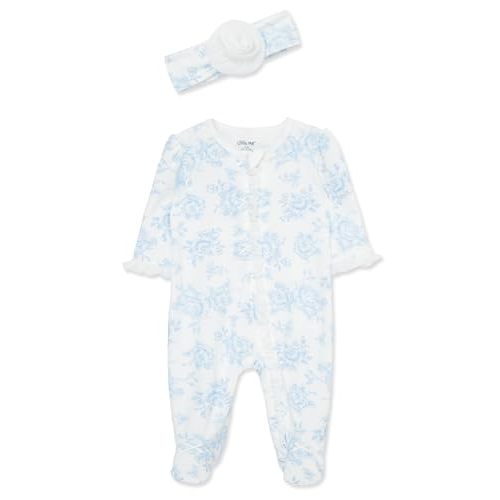 Little Me Baby Girls 100% Cotton 2-piece Zipper Closure Footie and Headband Set