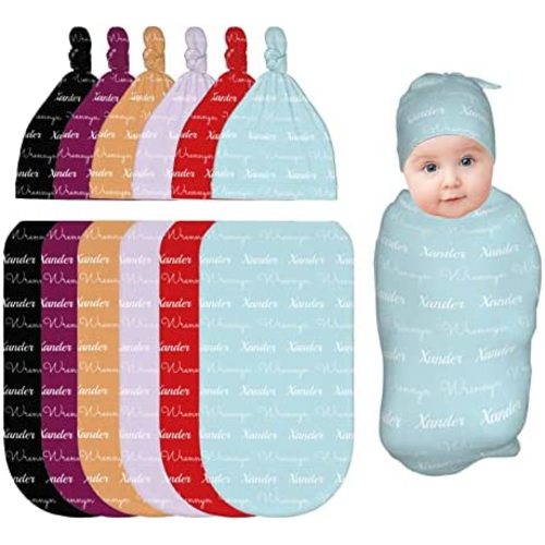 Custom Baby Swaddle Blanket, Custom Name Text Pattern Personalized Newborn Swaddle Blankets and Hat Set Customize 0-6 Months Boy and Girl Sleepsack Swaddling Blankets for Gift