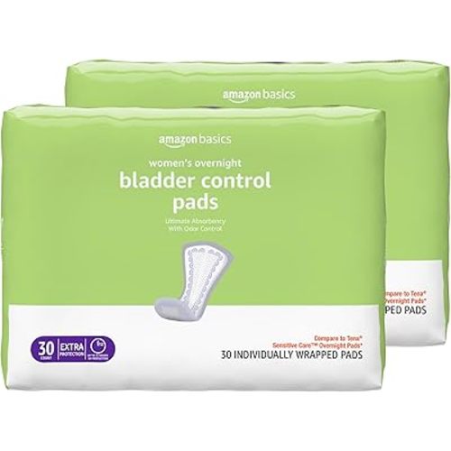 Amazon Basics Incontinence Pads for Women, Postpartum, Bladder Control, Overnight Absorbency, Unscented, with Odor Control, 60 Count (2 Packs of 30)