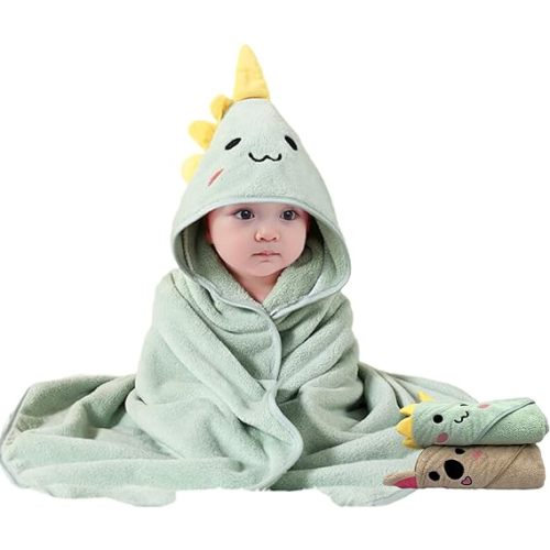 2 Pack Premium Soft Baby Bath Towels with Hood - Green Dinosaur + Brown Koala - Ultra Absorbent, Baby Stuff Shower for Boys and Girls