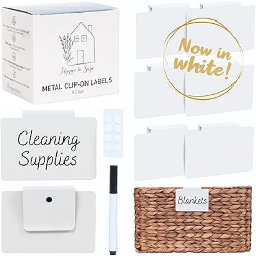 Hygge & Sage: Metal Non-Slip Basket Labels Clip On for Storage Bins, or Wire Racks | Includes 8 Labels, 8 Non-Slip Pads, and 1 Free Marker (White)