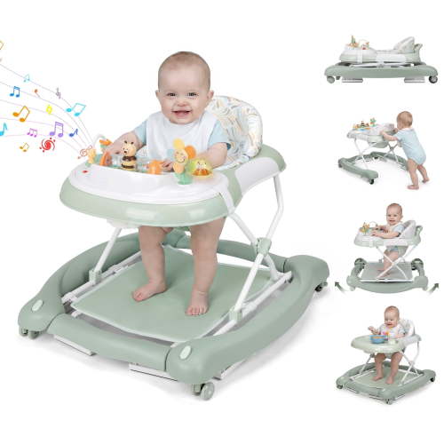 5 in 1 Baby Walker (Walk,Jumper,Rocking,Push,Eating Mode) for Boys Girls,Foldable,Music & Light,Height Adjustable,Wheel for Infant Babies,Green Stripes