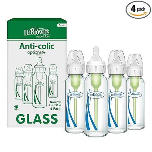 Dr. Brown's Natural Flow Anti-Colic Options+ Narrow Glass Baby Bottle 8 oz/250 mL, with Level 1 Slow Flow Nipple, 4 Pack, 0m+