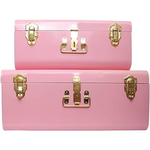 American Atelier Trunks | Set of 2 | Pink | Vintage Style Storage with Gold Finish Hardware | Space Saving Organizer | Use in Home, Dorm, and Office | Medium and Large