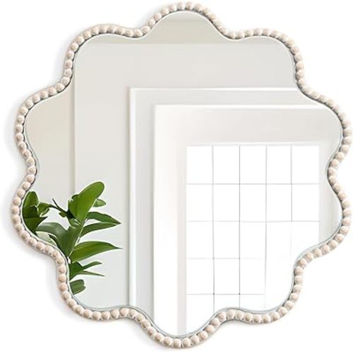Wall Mirror, Farmhouse Round Mirror Boho Wall Decor with Beads Wavy Frame Hanging Circle Mirror for Living Room Entryway Bathroom Over Sink Hallway, 15x15 Inch
