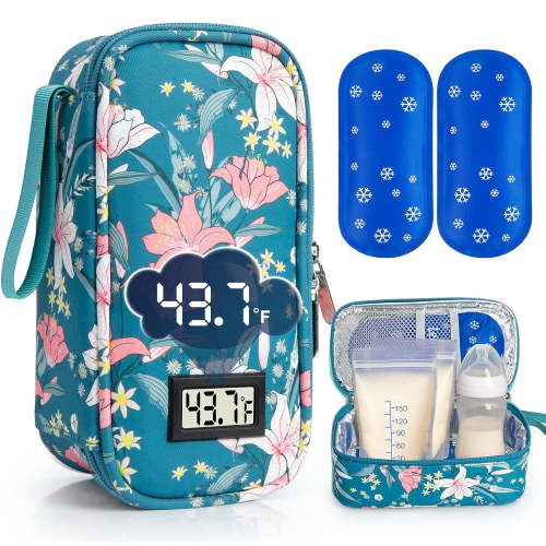 SUNMON Breast Milk Cooler Bag with Real-Time Temperature Display, Portable Travel Breastmilk Storage Case, Includes 2 Reusable Ice Packs, for Pumping Moms on The Go (Lily)