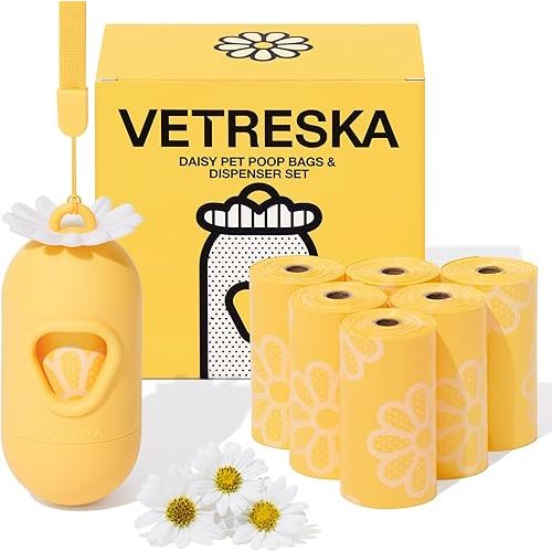VETRESKA Dog Poop Bag Holder with Daisy Scented Bags Pet Waste Bag Dispenser for Leash Leak-proof Poop Bags for Dog Walking 1 Holder and 105 Bags (7 Refill Rolls)