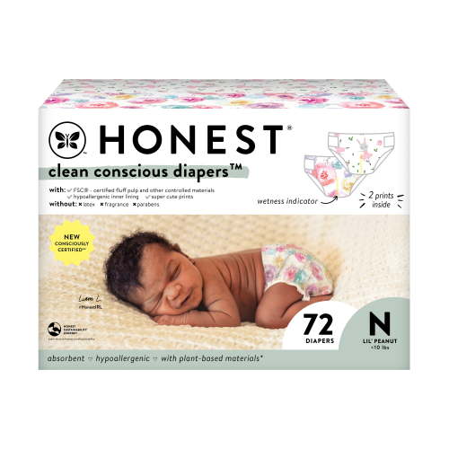The Honest Company Clean Conscious Diapers® Up to 100% Leak Protection Designed to Protect Delicate Skin Hypoallergenic + Fragrance Free Rose Blossom + Tutu Cute, Size NB, 72 Count