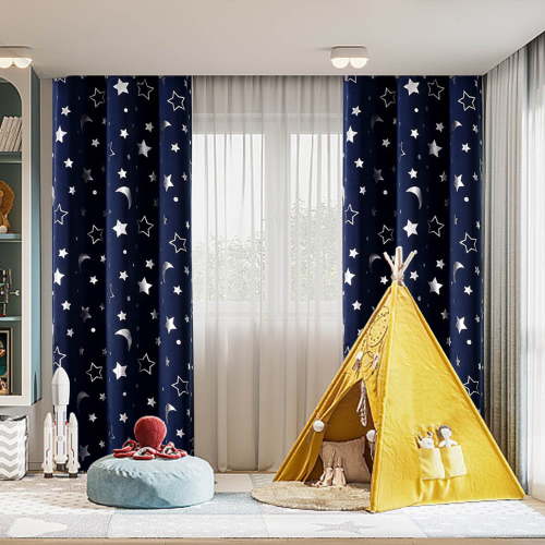 wowotier 100% Blackout Kids Curtains for Boys Bedroom, 63"H x 52"W Cute Space Themed Star Foil Printed Insulated Room Darkening Curtain Grommets Nursery Curtain Drapes, 1 Panel (Navy)