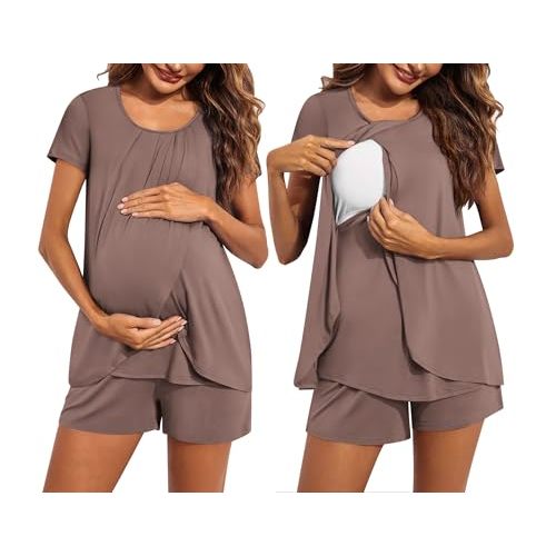Ekouaer Women's Maternity Nursing Pajamas Set Breastfeeding Sleepwear Double Layer Short Sleeve Top & Shorts Nursing Pjs