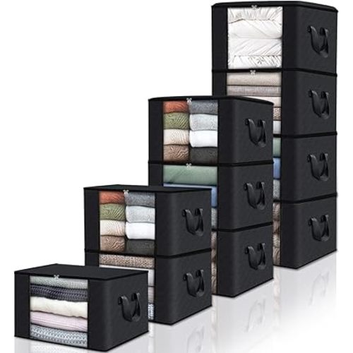 Fab totes 10 Pack Clothes Storage, Foldable Thick Fabric Blanket Storage Bags, Containers for Organizing Bedroom, Closet, Clothing, Comforter,Closet Organization with Handle,Black