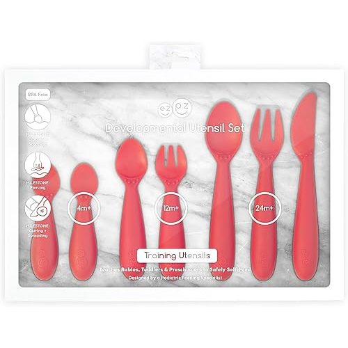 ezpz Developmental Utensils Set (Coral) - BPA Free Utensils - 100% Silicone and Nylon - Designed by a Pediatric Feeding Specialist - Baby Essentials & Baby Gifts