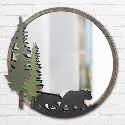Black Forest Décor Rustic Round Wall Mirror with Bear Silhouettes - Lodge Style Metal Frame
