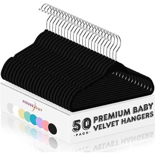 HOUSE DAY Velvet Baby Hangers 50 Pack, Premium Children's Hangers for Baby, Infant & Toddler Clothes, Durable Non Slip Baby Felt Hangers Black, 11 Inch Baby Hangers for Closet, Ideal for Everyday Use
