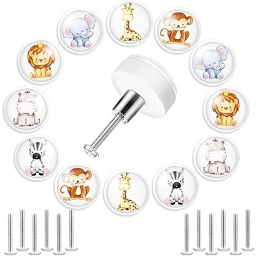 Fumete 12 Set Safari Jungle Animal Drawer Knob Pulls Round Soft Rubber Silicone Cabinet Drawer Knobs for Boys Girls Kids Dresser Nursery Closet Kitchen Cabinet