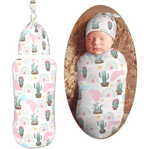 Cactus On Summer Newborn Swaddle Blankets Hat Sets Soft Baby Receiving Blanket Swaddle Sack for Baby Shower Infant Boy Girl Gift