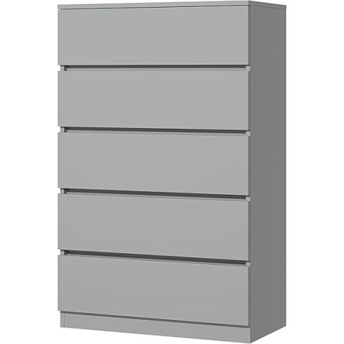5 Drawer Dresser, Tall Dresser for Bedroom Wooden Closet Drawers, Modern Dressers Chests of Drawers Clothing Organizer Cabinet for Hallway, Grey, 27.6"
