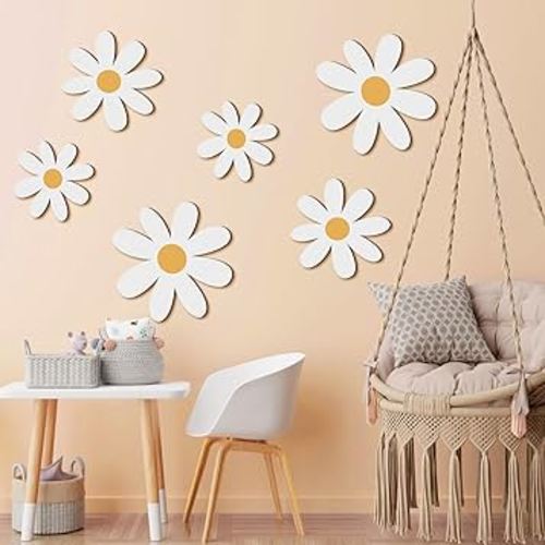 Thyle 6 Pcs Daisy Wall Decor Wooden Daisy Wall Art White Flowers Wall Signs Hanging Plaque for Home Nursery Bedroom Farmhouse Bathroom Decorations Housewarming Gifts (Elegant Style)